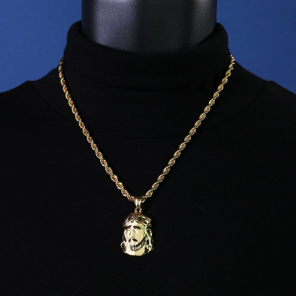 14k Gold Jesus Face Pendant + Necklace
